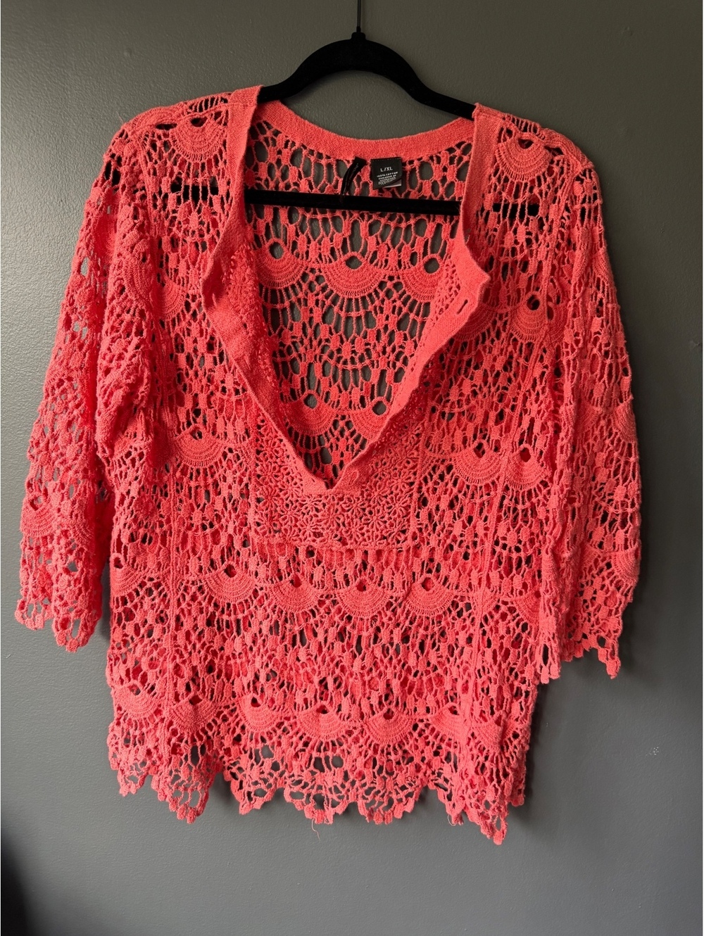New Directions L/XL Coral Crochet Cotton Tunic Sweater